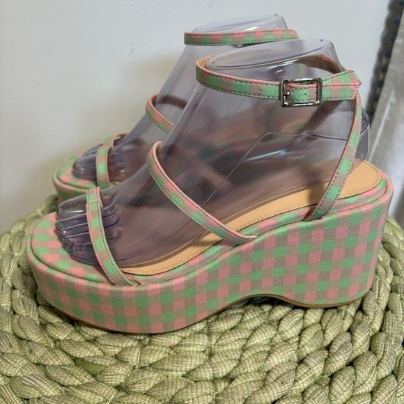NEW Urban Outfitters UO Nora Strappy Green/Pink Plaid Platform Wedge Sandal - Picture 8 of 15